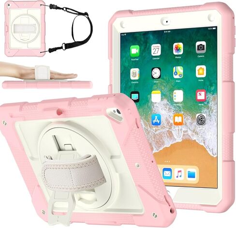 Menzo Srockproof Case لـ iPad 5th Gen/6th Gen/Air 2/Pro 9.7 بوصة مع حامل دوار 360 درجة ، حامل قلم رصاص ، حزام قابل للفصل والكتف ، الأسود in Saudi Arabia
