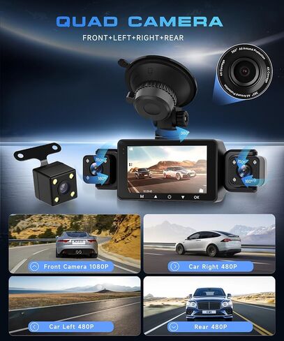 360 ° View 4 Channel 1080p Dash Cam للسيارات ، الأمامية والخلفية داخل اليسار اليسرى ، شاشة عرض IPS HD 3 "، 8 IR Light Vision ، 150 زاوية واسعة ، تسجيل حلقة ، اكتشاف الحركة ، لجميع المركبات in Kuwait