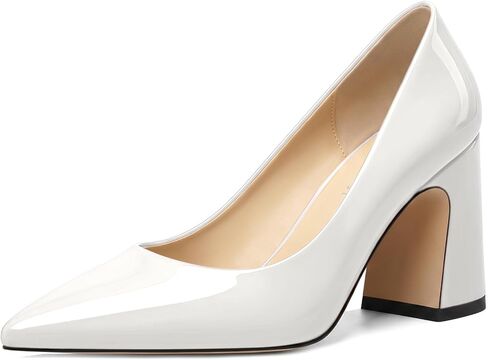 SHOWFOREST Womens Dating Pointed Toe Patent Dress Slip On Chunky High Heel Pumps Shoes 3.3 Inch in Saudi Arabia
