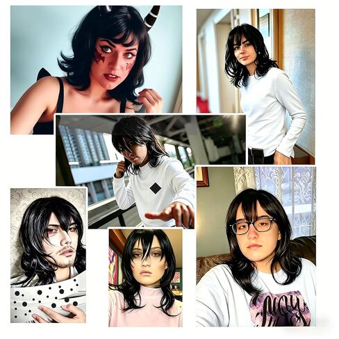 ANOGOL Hair Cap+Cosplay Wig Long Wavy Bangs Synthetic Hair Black Wigs For Women Girls Men Boys Dress Up Wig For Anime Cartoon Costume Party Wig For Halloween Wig For Christmas Wig in Saudi Arabia
