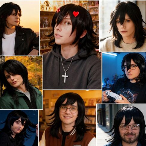 ANOGOL Hair Cap+Cosplay Wig Long Wavy Bangs Synthetic Hair Black Wigs For Women Girls Men Boys Dress Up Wig For Anime Cartoon Costume Party Wig For Halloween Wig For Christmas Wig in Saudi Arabia