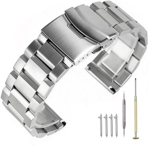 Kai Tian Stainless Steel Watch Band Brushed Finish Metal Watch Strap 18mm/20mm/22mm/24mm Double Buckle Bracelet Black Silver in Kuwait