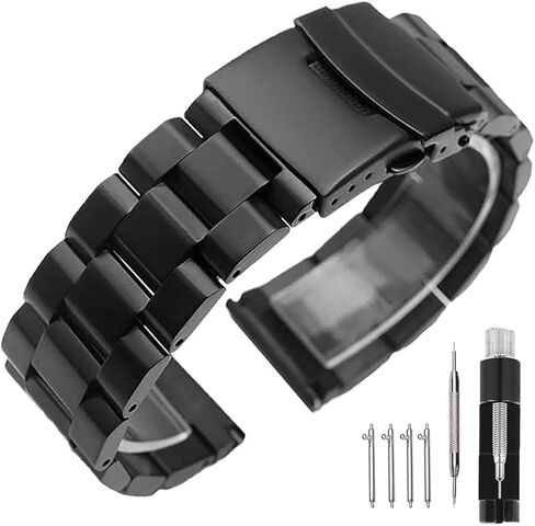 Kai Tian Stainless Steel Watch Band Brushed Finish Metal Watch Strap 18mm/20mm/22mm/24mm Double Buckle Bracelet Black Silver in Saudi Arabia