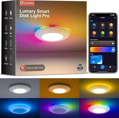Lumary RGBAI Smart Recessed Lighting 4 Inch with Gradient Accent Light and Night Light 9W 780lm Wi-Fi Recessed Lights Ultra-Thin Can-Killer Downlight Work with Alexa/Google Assistant/Siri, 4PCS in Saudi Arabia