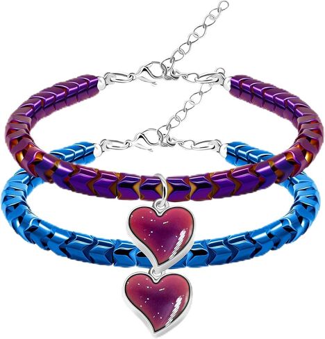 A Pair of Gear-Shape Hematite Bracelets with Color Changing Thermo Sensitive Mood Heart Charms, Love Heart Bangle Adjustable Y1995-2D in Kuwait