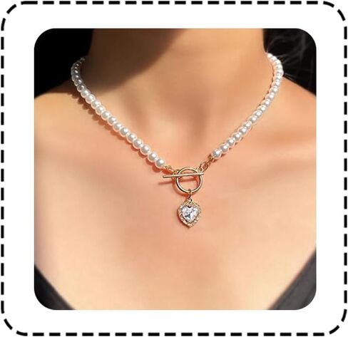 Rannyrena Vintage Pearl Choker Necklace with Crystal Heart Pendant Glitter Gold Circle Bar Gemstone Toggle Necklace Baroque Costume Party Accessories for Women (Transparent) in Saudi Arabia