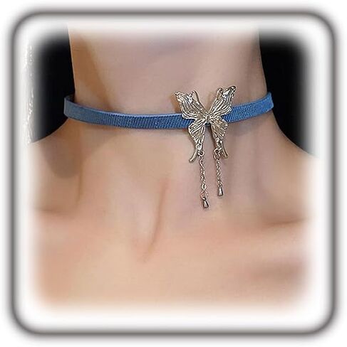 ZZ ZINFANDEL Blue Denim Choker Necklace Collar Pendant for Women,Wrist Band Enamel Butterfly Necklace Choker Chain Women's Accessories Trendy Bride Jewelry Gifts in Saudi Arabia