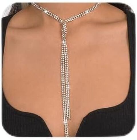 Xerling Wedding Necklaces Rhinestones Long Pendant Y-necklaces for Women Bridal Statement Crystal Choker Necklaces Boho Layered Chain Necklaces in Saudi Arabia