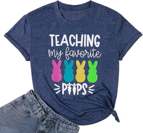 Easter Teacher Shirt Womens Teaching My Favorite Peeps Shirts Funny Rabbit Bunny Graphic Tee Casual Letter Print Tops in Saudi Arabia
