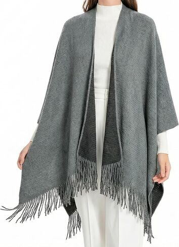 ZLYC Women's Reversible Winter Knitted Cardigan Faux Cashmere Fringe Capes Shawl Blanket Wrap Sweater in Kuwait