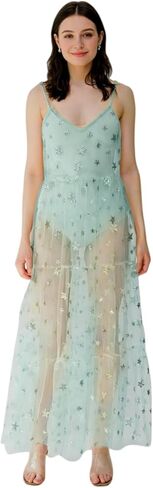 Women's See Through Tulle Maxi Dress Shiny Sequined Stars Spaghetti Strap Cover Up Dresses Festival Outfit in Saudi Arabia