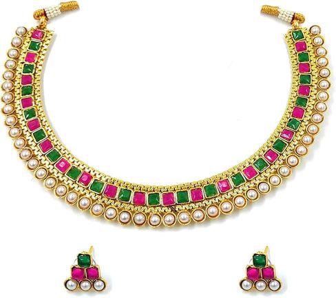Aheli Ethnic Faux Kundan Pearl Bridal Choker Necklace Indian Traditional Bollywood Jewelry Set with Earrings for Women Girls (Green) in Kuwait