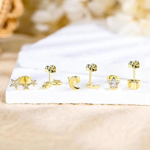 14K Gold Stud Earrings for Women Hypoallergenic Small Geometric Tiny Trendy Earring Stud -Triangle Square Bar in Saudi Arabia