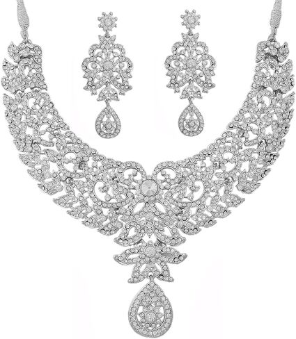 Touchstone Hollywood Glamour pretty filigree Rhinestone studded diamond look designer bridal jewelry hasli necklace set for women in antique gold tone in Kuwait
