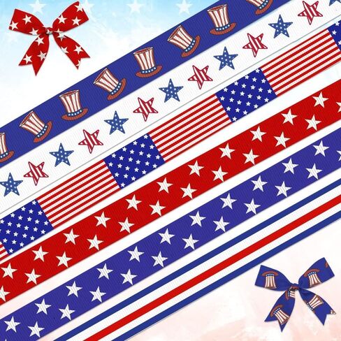 Hying 12 PCS Veterans Day Patriotic Ribbons, 3/8" Width Grosgrain Ribbons American Flags Ribbon 4th of July Patriotic Craft Ribbons for Gift Wrapping Labor Day Christmas Decoration Supplies in Saudi Arabia