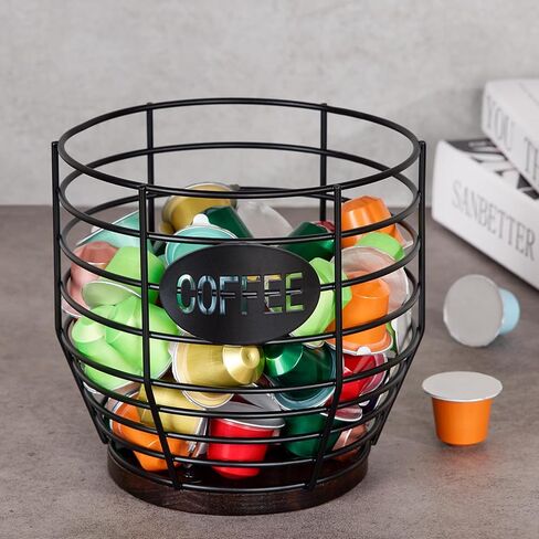 Yangbaga 2pcs Coffee Pod Holder,Large Capacity Black Wire K cup Holder with Wooden Base,Modern Coffee Basket Coffee Bar Decor for Coffee Station for espresso Pods & Capsules，Fruit Snack Storage in Saudi Arabia
