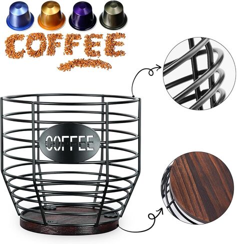 Yangbaga 2pcs Coffee Pod Holder,Large Capacity Black Wire K cup Holder with Wooden Base,Modern Coffee Basket Coffee Bar Decor for Coffee Station for espresso Pods & Capsules，Fruit Snack Storage in Saudi Arabia