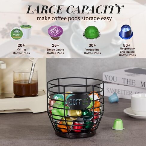 Yangbaga 2pcs Coffee Pod Holder,Large Capacity Black Wire K cup Holder with Wooden Base,Modern Coffee Basket Coffee Bar Decor for Coffee Station for espresso Pods & Capsules，Fruit Snack Storage in Saudi Arabia