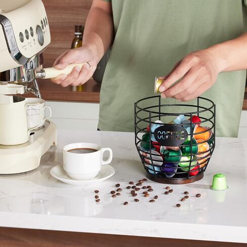 Yangbaga 2pcs Coffee Pod Holder,Large Capacity Black Wire K cup Holder with Wooden Base,Modern Coffee Basket Coffee Bar Decor for Coffee Station for espresso Pods & Capsules，Fruit Snack Storage in Saudi Arabia