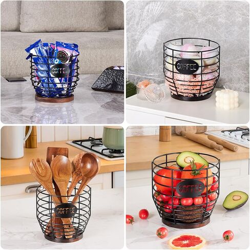 Yangbaga 2pcs Coffee Pod Holder,Large Capacity Black Wire K cup Holder with Wooden Base,Modern Coffee Basket Coffee Bar Decor for Coffee Station for espresso Pods & Capsules，Fruit Snack Storage in Saudi Arabia