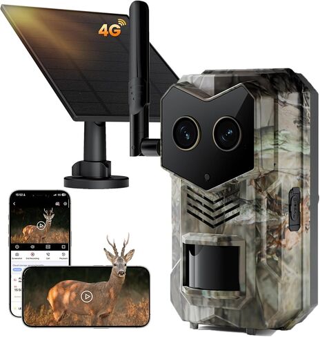 Solar 4G LTE Cellilar Trail Camera with eSIM Card, Dual Lens Game Cam with Starlight Full Color Night Vision, 0.2S Trigeer Time, Motion Detection, 940nm No-Light IR, IP 65 for Wildlife in Saudi Arabia