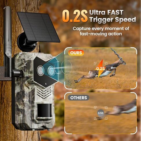 Solar 4G LTE Cellilar Trail Camera with eSIM Card, Dual Lens Game Cam with Starlight Full Color Night Vision, 0.2S Trigeer Time, Motion Detection, 940nm No-Light IR, IP 65 for Wildlife in Saudi Arabia