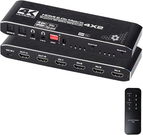 HDMI Matrix 4x2، 4K HDMI Matrix Switch 4 in 2 Out Switcher Spliter Box مع مستخرج EDID وجهاز التحكم عن بعد بالأشعة تحت الحمراء، يدعم Ultra 4K HDR، 4Kx2K@60 هرتز، ثلاثي الأبعاد، 1080P، HDMI 2.0b، HDCP 2.2 in Saudi Arabia