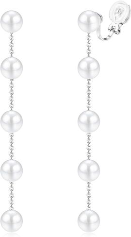 CASSIECA 14K Gold Plated Clip on Pearl Earrings for Women Girls Long Dangle Pearl Drop Earrings Non Pierced Pearl Ear Clips Jewelry for Wedding Bridal Gifts in Saudi Arabia