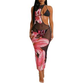 Sexy 3 Piece Swimsuits for Women Bikini Sets and Cover Up Cutout Sleeveless Halter Sheer Mesh Maxi Dress in Saudi Arabia