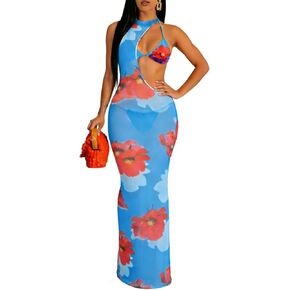 Sexy 3 Piece Swimsuits for Women Bikini Sets and Cover Up Cutout Sleeveless Halter Sheer Mesh Maxi Dress in Kuwait