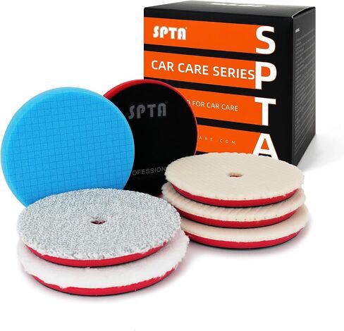 وسادات تلميع التلميع، SPTA 7 قطع 5.5 بوصة وجه لمركب لوحة دعم 5 بوصة 125 مم، وسادات إسفنجية تلميع قطع مجموعة وسادة تلميع لمركب تلميع عازلة السيارة، وتلميع وإزالة الشعر بالشمع -A1094MIX in Kuwait