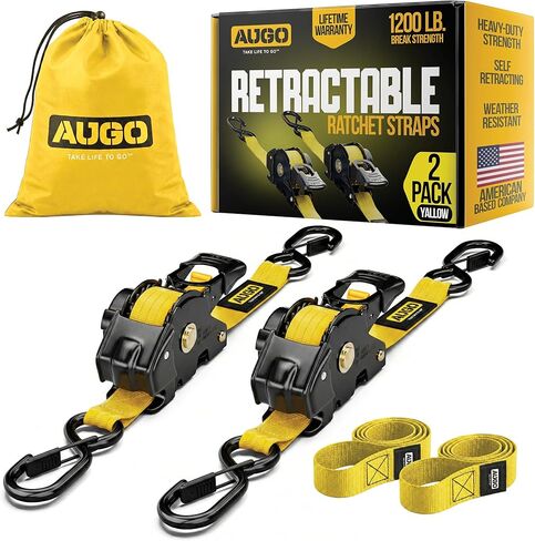 AUGO Retractable Ratchet Straps – 1" x 10' – 1200Lb Breakstrength – 4 Heavy Duty Self Retracting Tie Downs with Safety Lock S Hooks, Soft Loops & Storage Bag – for Motorcycle,Tree Stand,Bed,Boat,Cargo in Saudi Arabia