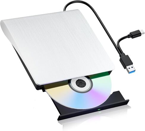 External DVD Drive USB 3.0 & USB-C Portable CD/DVD +/-RW Burner Reader Writer Plug and Play Fast Burning for PC/Mac/Laptop (White) in Saudi Arabia