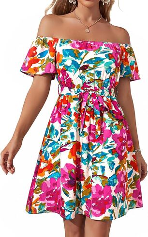 JECEIKA Womens Off Shoulder Ruffle Floral Summer Wedding Guest Dresses A Line Shift Short Skater Dress with Belt in Kuwait