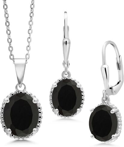 Gem Stone King 925 Sterling Silver Black Onyx Pendant and Earrings Jewelry Set For Women (7.00 Cttw, Gemstone Birthstone, Oval 11X9MM and 9X7MM, with 18 Inch Silver Chain) in Kuwait