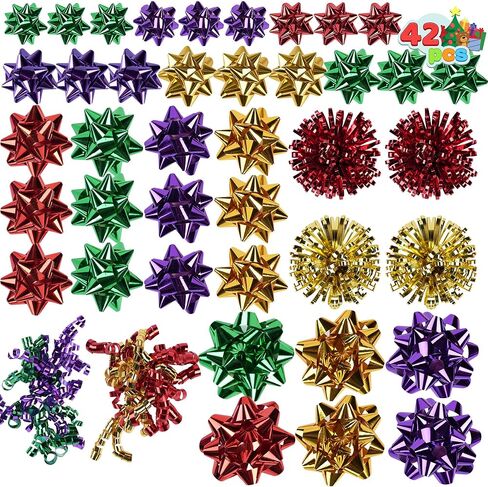 JOYIN 42 Pcs Gift Bows Assortment for Christmas with 36 Multi-Colored Assorted Size Self Adhesive Gift Bows, 4 Tinsel Bows and 2 Curly Bows for Gift Wrapping, Christmas Wrapping Ribbon (3 Sizes) in Saudi Arabia