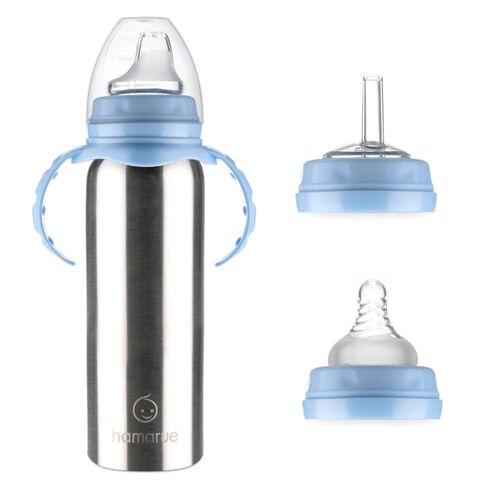3-in-1 Stainless Steel Sippy Cups for Toddlers | Non-Toxic Insulated Stainless Steel Baby Bottle | Straw Cup with Removeable Handles | Plastic Free Liquid Transfer (8 oz, Blue) in Saudi Arabia