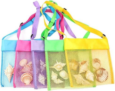 EMAXELER Colorful Mesh Beach Bags Breathable Sea Shell Bags Toy Bags with Adjustable Carrying Straps (5 PC Set) [Yellow, Rose Red, Purple, Green, Blue] in Saudi Arabia