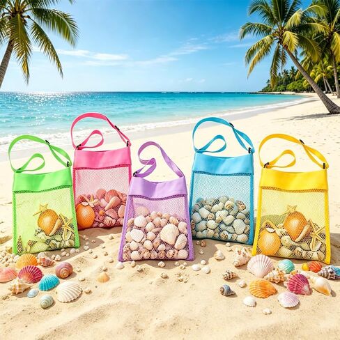 EMAXELER Colorful Mesh Beach Bags Breathable Sea Shell Bags Toy Bags with Adjustable Carrying Straps (5 PC Set) [Yellow, Rose Red, Purple, Green, Blue] in Saudi Arabia