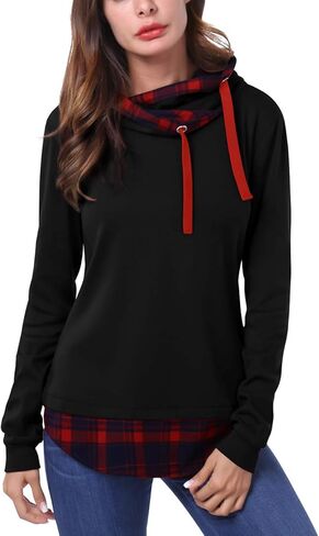 DJT Women's Funnel Neck Checkd Contrast Hooded Pullover Hoodie Top Y2K Clothes Fall Winter Outfit in Saudi Arabia