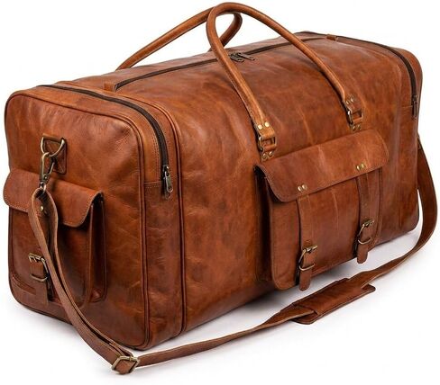 Large Leather 34 Inch Luggage Handmade Duffel Bag Carryall Weekender Travel Overnight Gym Sports Carry On For Men And Women in Saudi Arabia