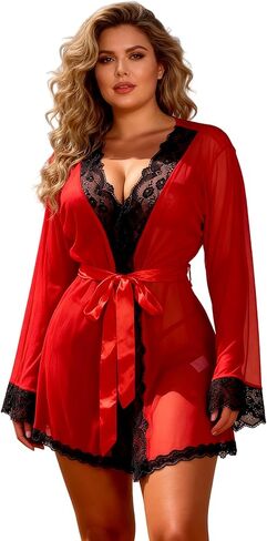 ohmydear Mesh Robe for Women Long Sleeve Kimono Lace Plus Size Bride Lingerie XS-4XL in Saudi Arabia