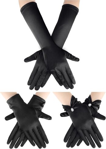 3 Pairs Women's Long Satin Gloves Elbow Length 1920s Opera Bridal Gloves Short Wrist Length Stretchy Gloves with Pearl (Black) in Saudi Arabia