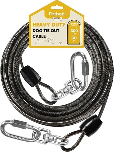 Petbobi Heavy-Duty Dog Tie-Out Cable - 20FT Extra Strong Wire Cable for Large Pets Up to 300Lbs, Rust Proof Dogs Leash with Carabiners and 360° Swivel, Pet Leads for Yard Camping Outside, Black in Saudi Arabia