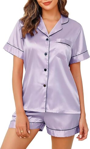 Vlazom Womens Silk Pajamas, Short Sleeve Satin 2 Piece Pj Sets Button-Down Sleepwear Loungewear Pjs Shorts Set S-XXL in Kuwait