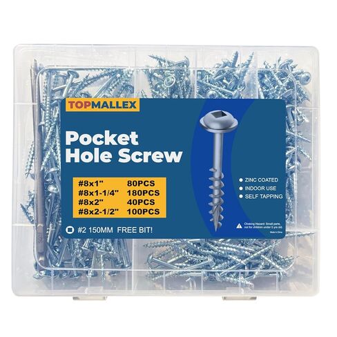 Pocket Hole Screws Assortment Kit in 4 Sizes 400PCS, #8 x 1, 1-1/4", 2", 2-1/2", with Square Drive, Coarse Thread, Washer Head, Self Tapping, Zinc Plated, 150MM Drive Bit Included in Saudi Arabia
