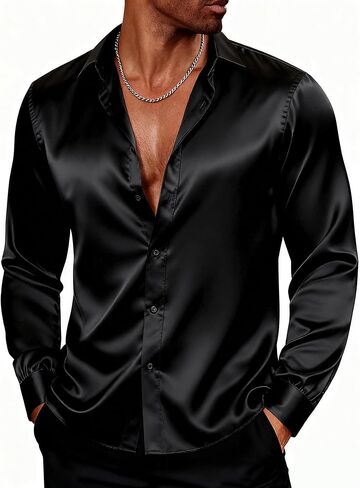 PJ PAUL JONES Men's Shiny Satin Dress Shirts Long Sleeve Button Down Silk Shirt with Bow Tie in Saudi Arabia