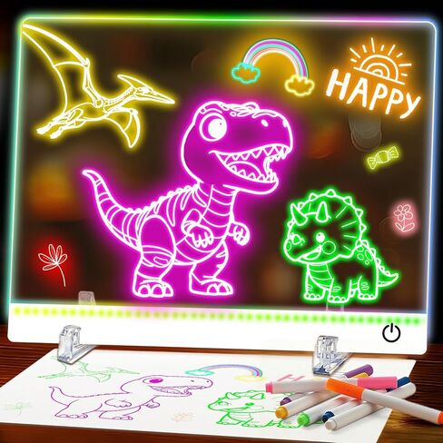 Rechargeable DIY LED Note Board - 16 inch Neon Art Acrylic Dry Erase Board, 7 Color Modes Light Up 13.7"X10" Drawing Pad with Stand, Sketching Gift Toy for Kids, Girls, Teens, 7 Markers & Tracing Book in Saudi Arabia