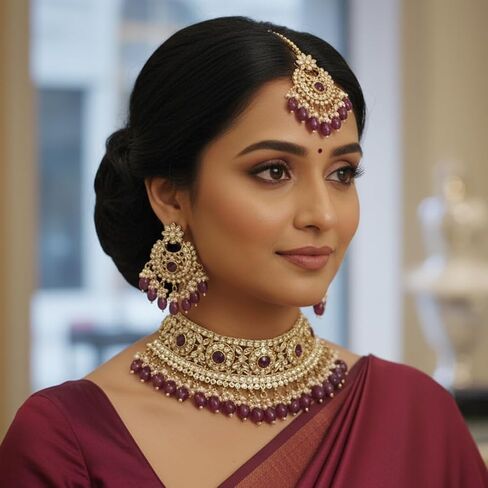 I Jewels Gold Plated Indian Wedding Bollywood Kundan Pearl Hanging Choker Necklace Jewellery Set With Earrings & Maang Tikka For Women And Girls in Saudi Arabia