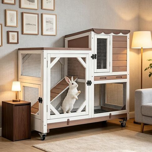 Gutinneen Duplex Rabbit Hutch داخلي مع إطار مقاوم للمضغ وصواني منزلق مقاومة للتسرب ، غطاء المطر ، أقفاص خنزير غينيا خشبية مع عجلات-رمادية in Kuwait
